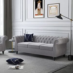 Chesterfield Sofa, Modern Tufted Velvet Couch 3 Seater with Scroll Arms and Nailhead for Living Room, Bedroom, Office, Apartment (Grey)