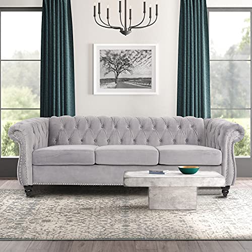 Chesterfield Sofa, Modern Tufted Velvet Couch 3 Seater with Scroll Arms and Nailhead for Living Room, Bedroom, Office, Apartment (Grey)