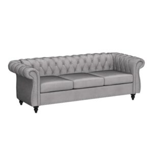 Chesterfield Sofa, Modern Tufted Velvet Couch 3 Seater with Scroll Arms and Nailhead for Living Room, Bedroom, Office, Apartment (Grey)