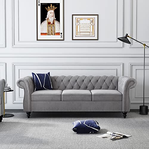 Chesterfield Sofa, Modern Tufted Velvet Couch 3 Seater with Scroll Arms and Nailhead for Living Room, Bedroom, Office, Apartment (Grey)