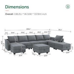 HONBAY Modular Sectional Sofa with Storage Reversible Sectional Modular Sofa Couch with Ottomans U Shaped Sectional Couch for Living Room, Bluish Grey