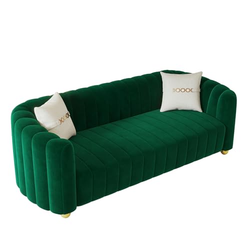 yunqishi KEAI 83.46" Green Velvet Couch for Living Room Emerald Green Large Modern Sofa with Gold Metal Sphere Legs Comfy 3 Seater Cute Sherpa Green Couches for Bedroom Office (Green)