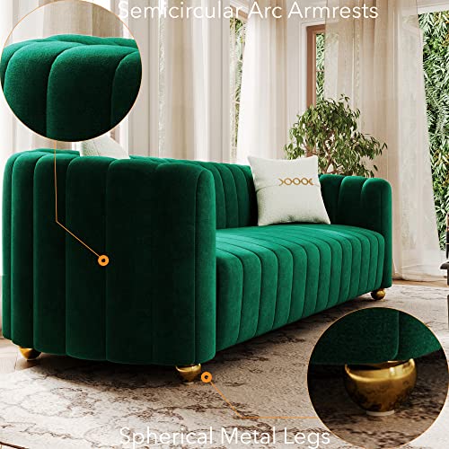 yunqishi KEAI 83.46" Green Velvet Couch for Living Room Emerald Green Large Modern Sofa with Gold Metal Sphere Legs Comfy 3 Seater Cute Sherpa Green Couches for Bedroom Office (Green)