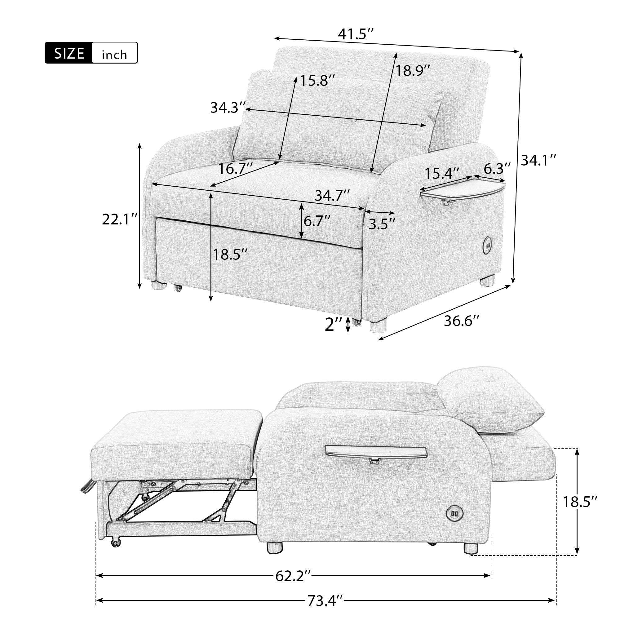 HABITRIO Modern 41.5" Pull Out Sofa Bed with 2 Wing Table Side Pocket and USB Charge,Loveseats Sofa Couch with Adjsutable Backrest for Apartment Office Living Room