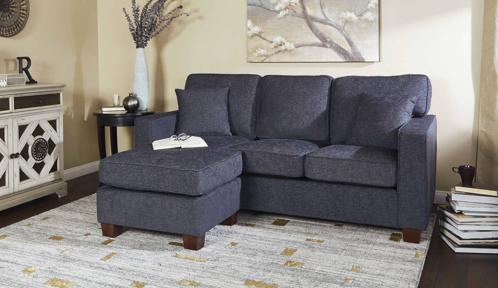 OSP Home Furnishings Russell Reversible Sectional Sofa with 2 Pillows and Coffee Finished Legs, Navy