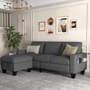 zeefu convertible sectional sofa couch,dark grey linen fabric modern 3seat l shaped upholstered sofa couch set with storage reversible ottoman and pockets for living room small space apartment