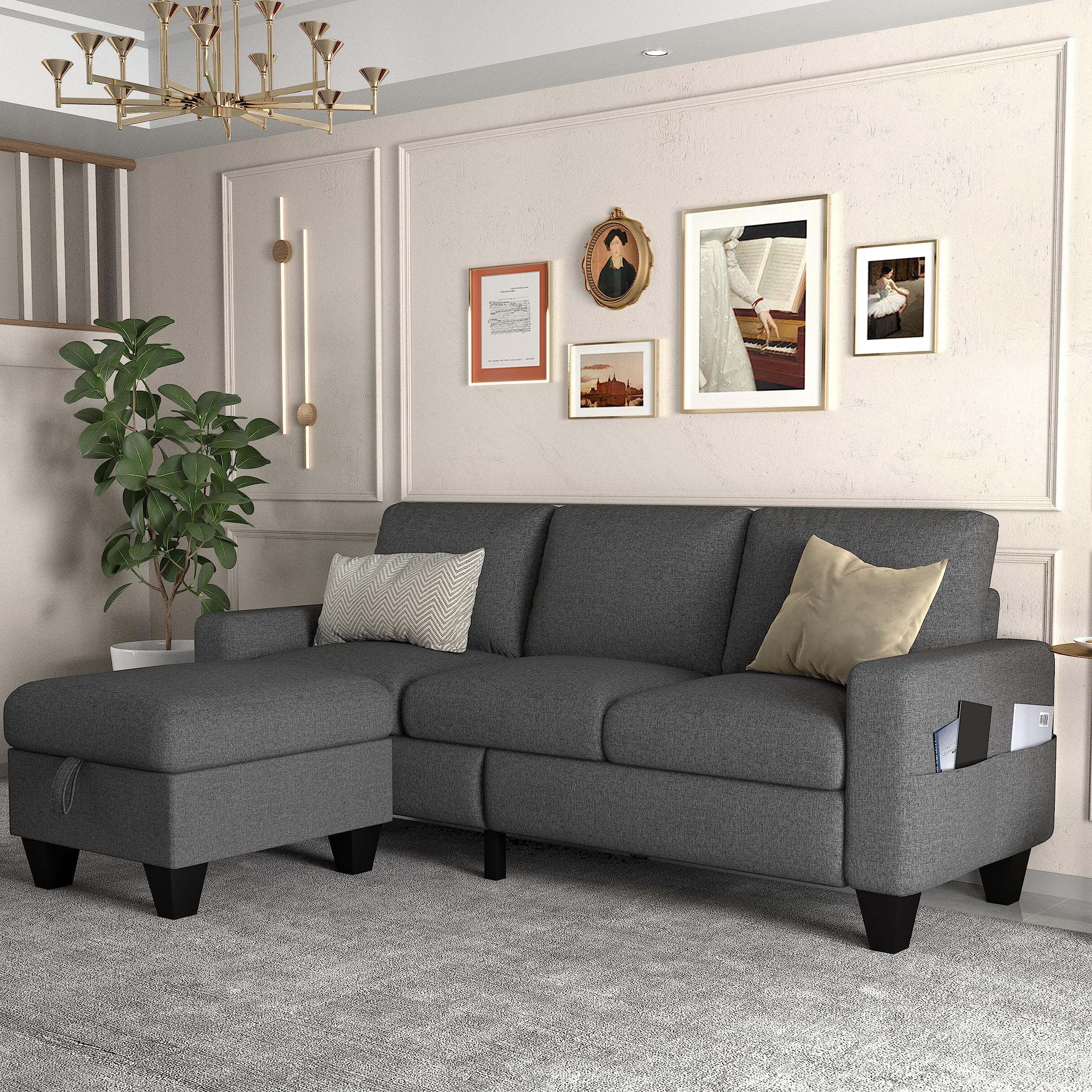 ZeeFu Convertible Sectional Sofa Couch,Dark Grey Linen Fabric Modern 3Seat L Shaped Upholstered Sofa Couch Set with Storage Reversible Ottoman and Pockets for Living Room Small Space Apartment