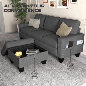 ZeeFu Convertible Sectional Sofa Couch,Dark Grey Linen Fabric Modern 3Seat L Shaped Upholstered Sofa Couch Set with Storage Reversible Ottoman and Pockets for Living Room Small Space Apartment