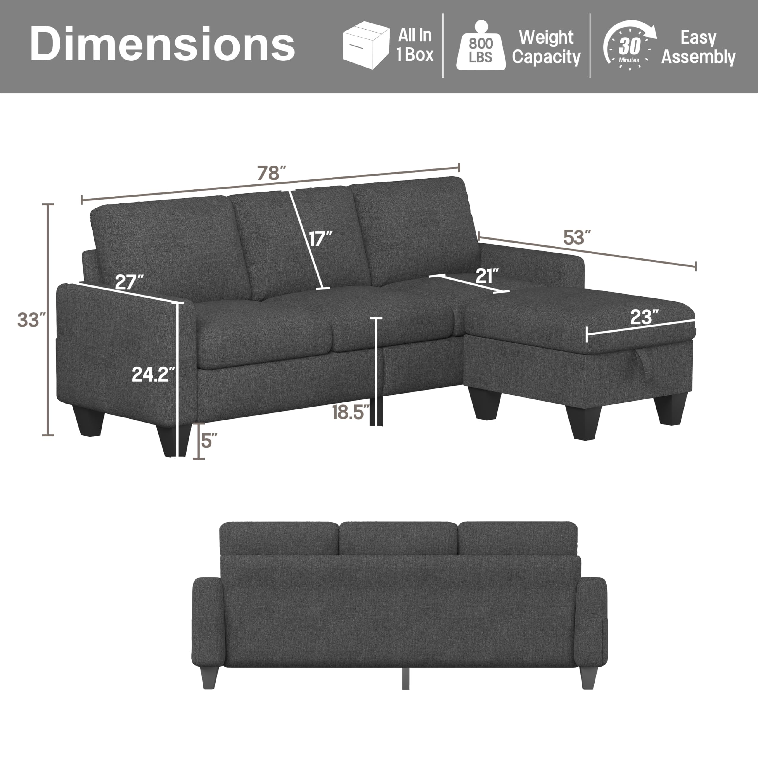 ZeeFu Convertible Sectional Sofa Couch,Dark Grey Linen Fabric Modern 3Seat L Shaped Upholstered Sofa Couch Set with Storage Reversible Ottoman and Pockets for Living Room Small Space Apartment