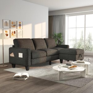 ZeeFu Convertible Sectional Sofa Couch,Dark Grey Linen Fabric Modern 3Seat L Shaped Upholstered Sofa Couch Set with Storage Reversible Ottoman and Pockets for Living Room Small Space Apartment