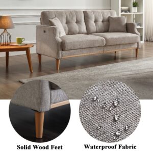 ARCLIS 70" Mid-Century Modern Loveseat with 2 Throw Pillows, Fabric Sofa for Living Room with Solid Wood Leg, Button Tufted Upholstered Couch with USB Charging Ports for Small Space