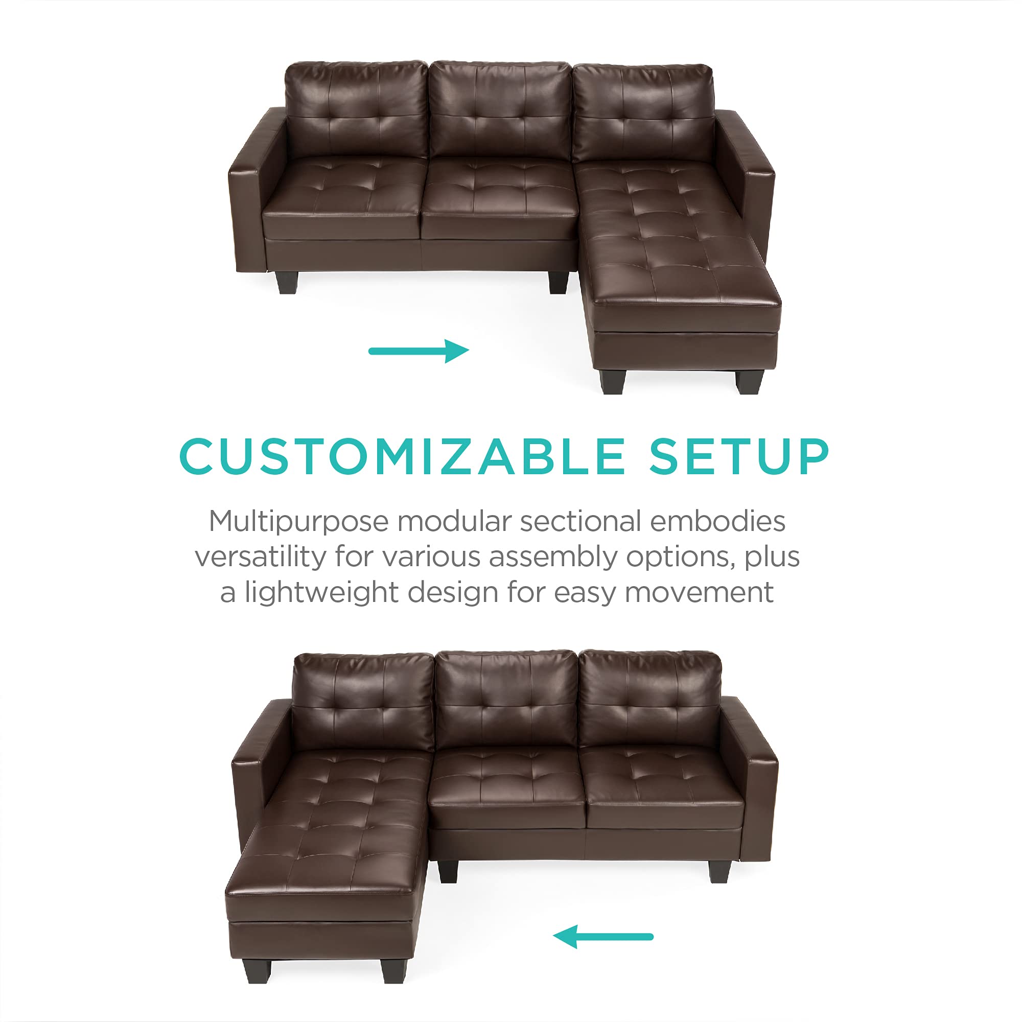 Best Choice Products Tufted Faux Leather 3-Seat L-Shape Sectional Sofa Couch Set w/Chaise Lounge, Ottoman Coffee Table Bench, Brown