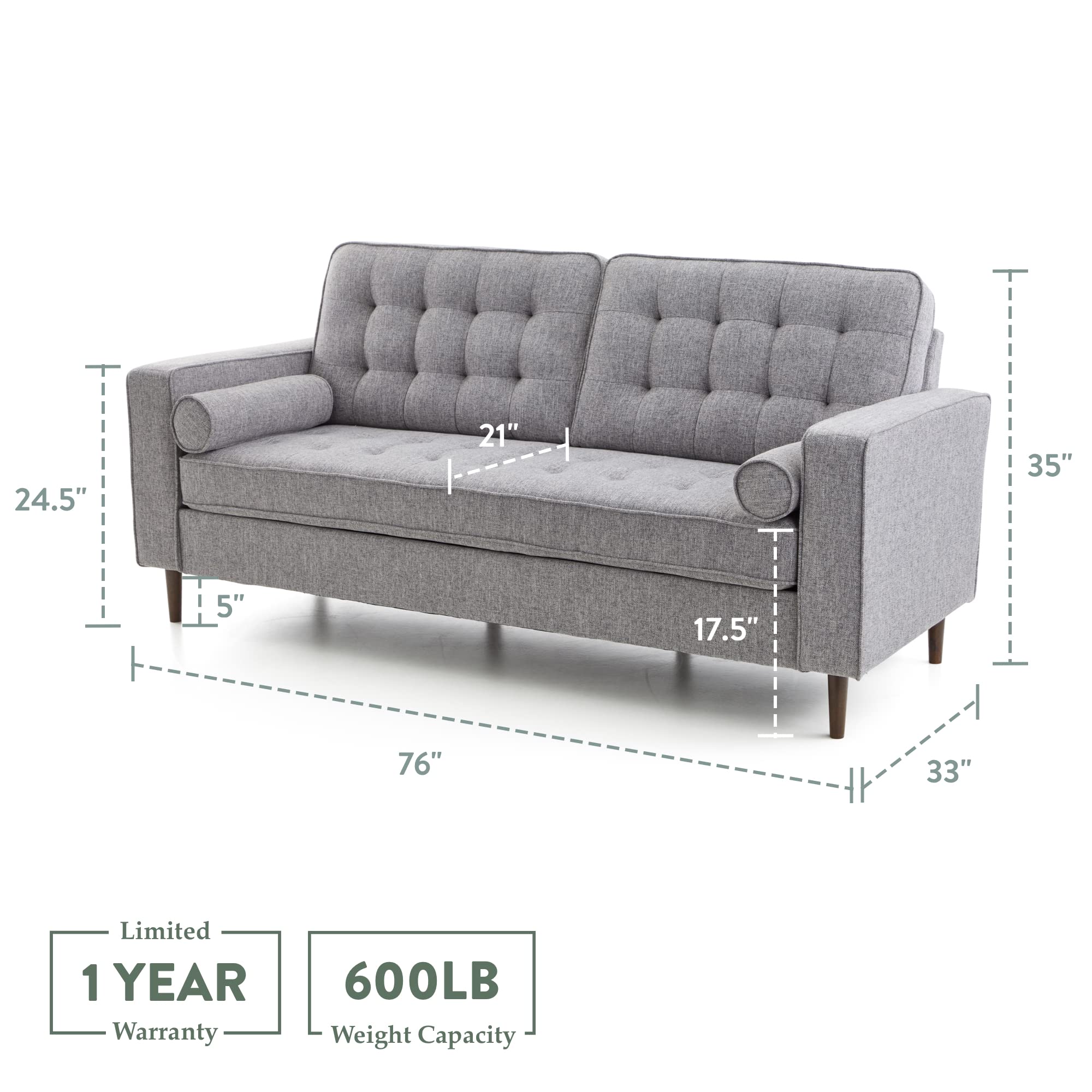 Edenbrook Lynnwood Upholstered Sofa - Couch for Living Room Office or Bedroom - Mid-Century Modern Design Furniture - Buttonless Tufting - Simple Assembly - Includes Bolster Pillows - Light Gray