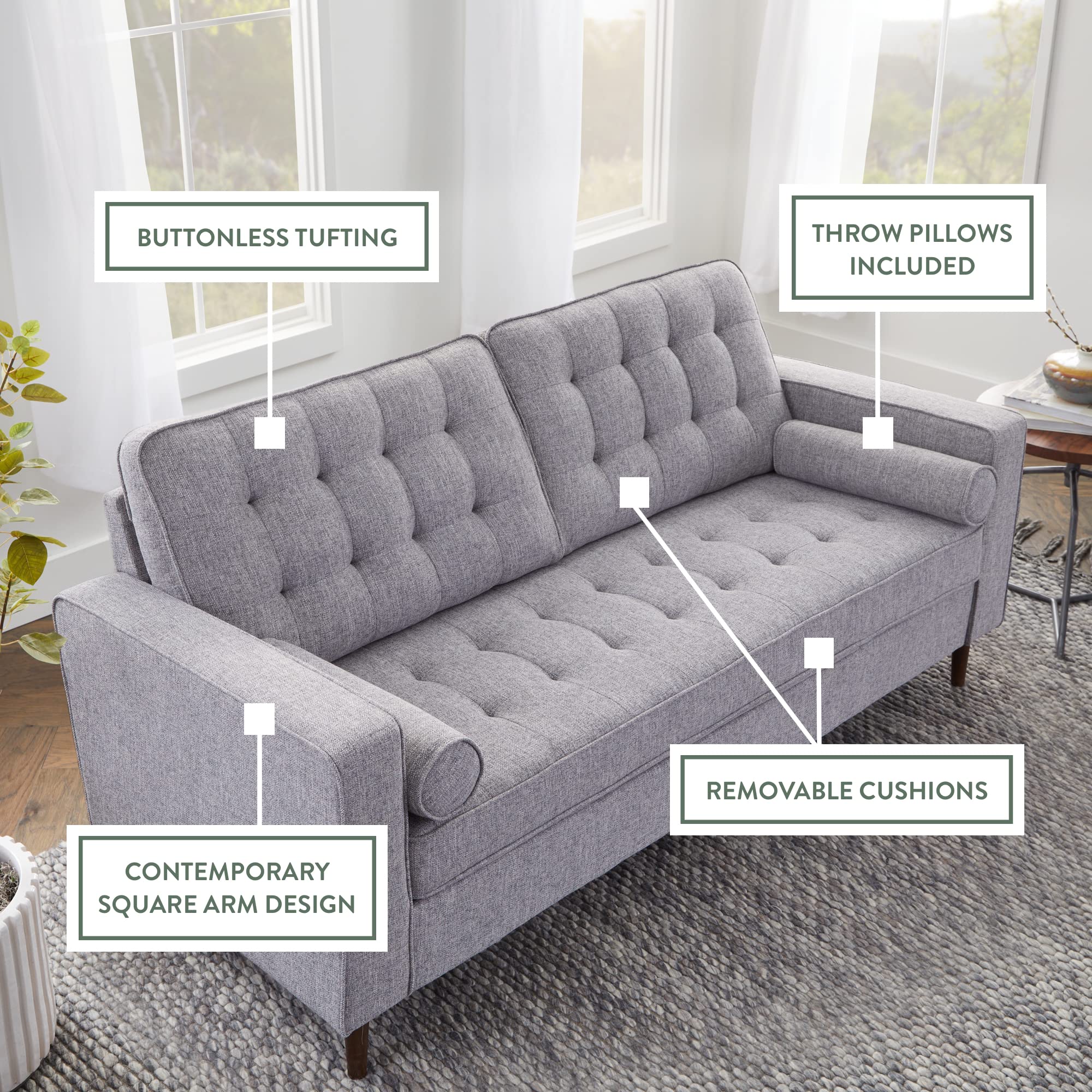 Edenbrook Lynnwood Upholstered Sofa - Couch for Living Room Office or Bedroom - Mid-Century Modern Design Furniture - Buttonless Tufting - Simple Assembly - Includes Bolster Pillows - Light Gray