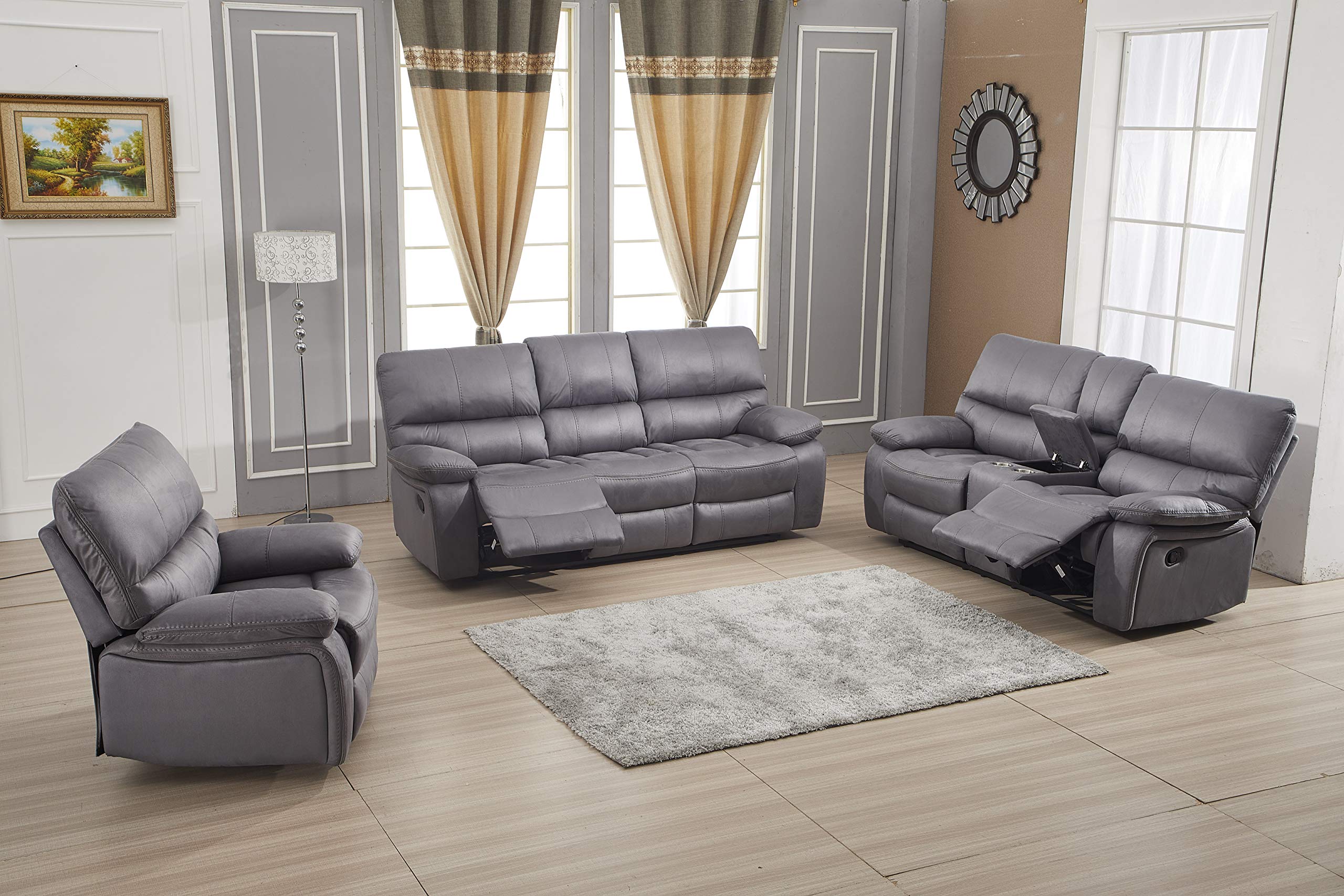 Betsy Furniture Microfiber Reclining Sofa Couch Set Living Room Set 8007 (Grey, Sofa+Loveseat+Recliner)