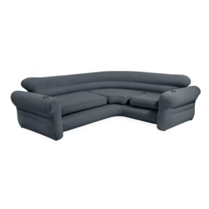 intex corner sofa l-shaped inflatable indoor relaxing lounge sectional couch with built-in cup holders for home living rooms, gray