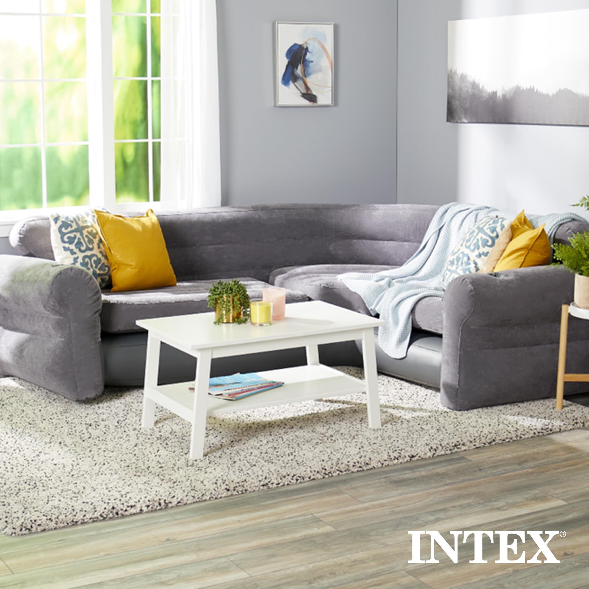 Intex Corner Sofa L-Shaped Inflatable Indoor Relaxing Lounge Sectional Couch with Built-in Cup Holders for Home Living Rooms, Gray