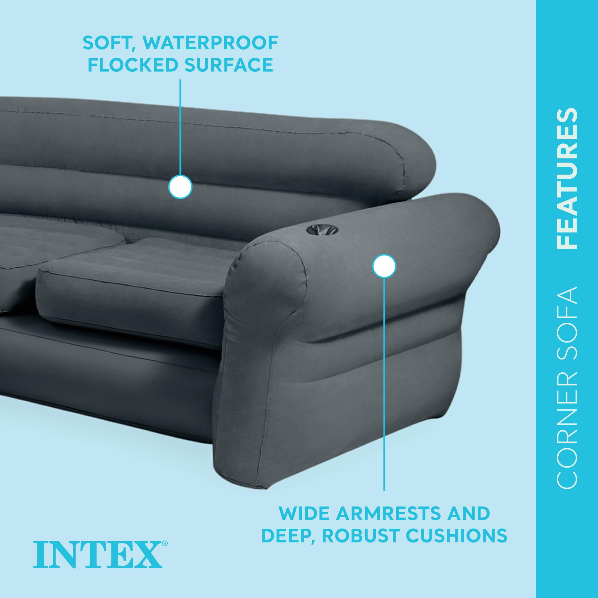 Intex Corner Sofa L-Shaped Inflatable Indoor Relaxing Lounge Sectional Couch with Built-in Cup Holders for Home Living Rooms, Gray