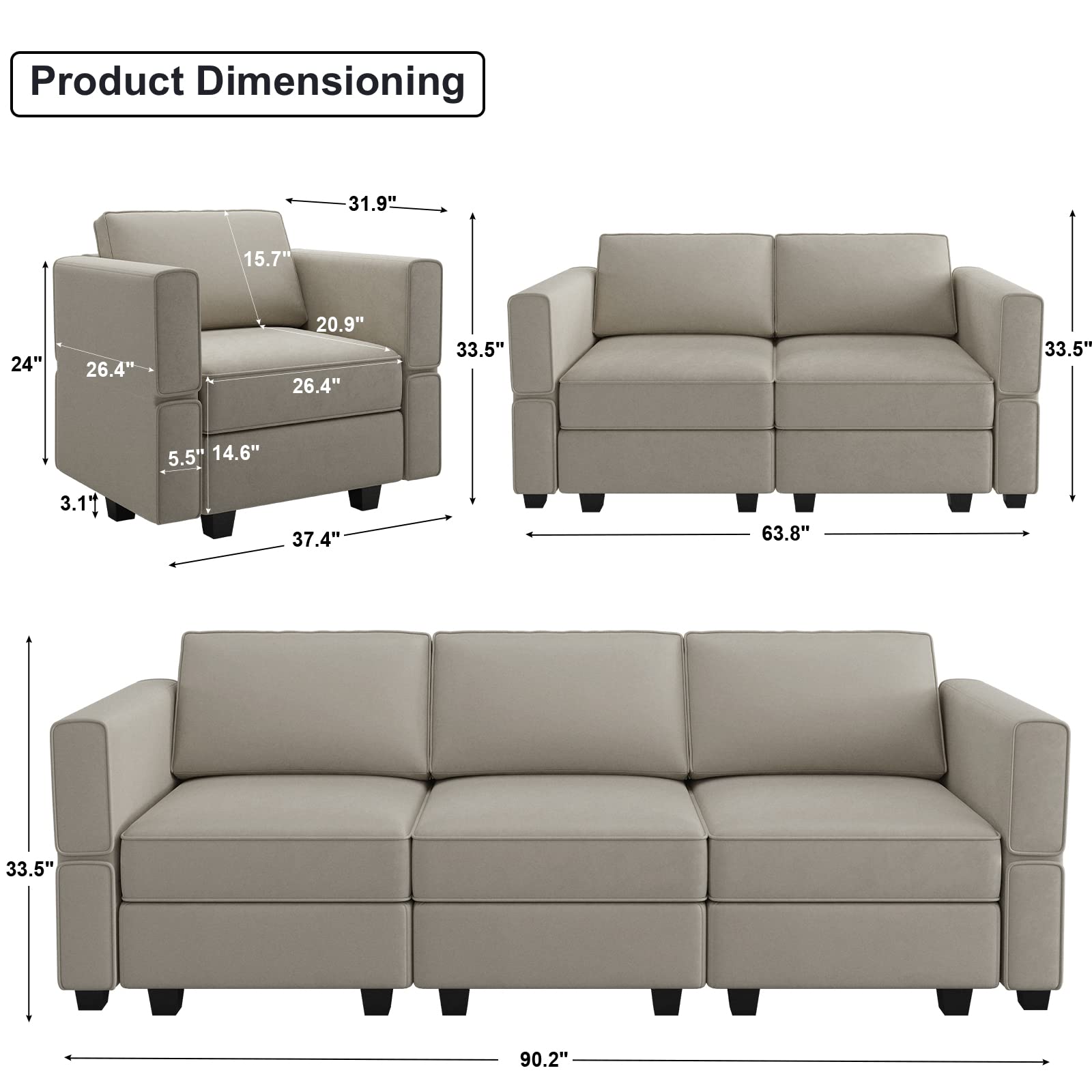 Belffin Modular Sofa Set for Living Room Furniture Sets 3 Piece with Storage Seat Velvet Sofa Couch Set Grey