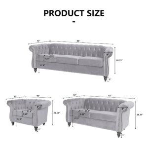 RARZOE 3 Pieces of Living Room Furniture Sofa Sets, Modern Velvet Chesterfield Sofa&Chesterfield Club Chair&Chesterfield Loveseat Sofas Set with Nailhead Trim Scroll Arms for Living Room(Grey)