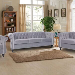 RARZOE 3 Pieces of Living Room Furniture Sofa Sets, Modern Velvet Chesterfield Sofa&Chesterfield Club Chair&Chesterfield Loveseat Sofas Set with Nailhead Trim Scroll Arms for Living Room(Grey)