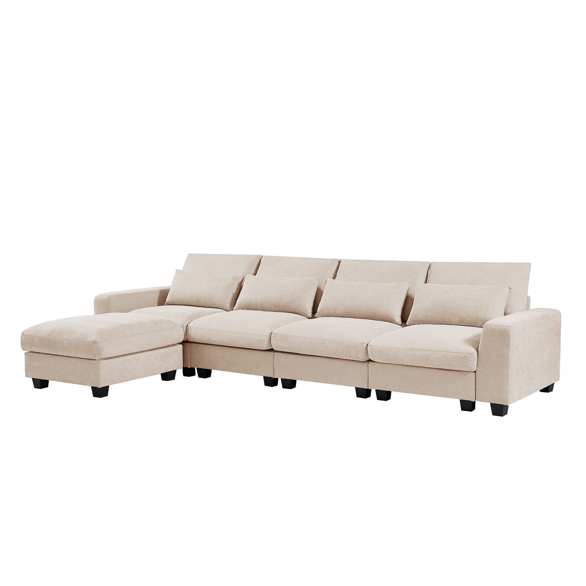 kevinplus 130'' Sectional Sofa Couch with Chaise Ottoman for Living Room, Modern 4-Seat L-Shape Sofa Couch with Convertible Ottoman, Feather Filled Reversible Sofa Couch with Waist Pillows, Beige