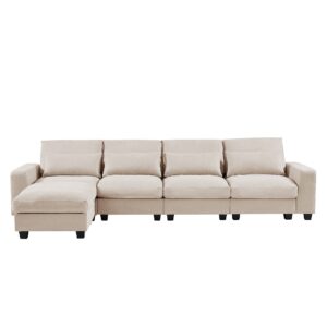 kevinplus 130'' Sectional Sofa Couch with Chaise Ottoman for Living Room, Modern 4-Seat L-Shape Sofa Couch with Convertible Ottoman, Feather Filled Reversible Sofa Couch with Waist Pillows, Beige