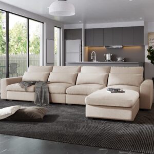 kevinplus 130'' Sectional Sofa Couch with Chaise Ottoman for Living Room, Modern 4-Seat L-Shape Sofa Couch with Convertible Ottoman, Feather Filled Reversible Sofa Couch with Waist Pillows, Beige