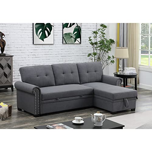 Alexent Reversible Fabric Sleeper Sofa with Storage Chaise in Dark Gray