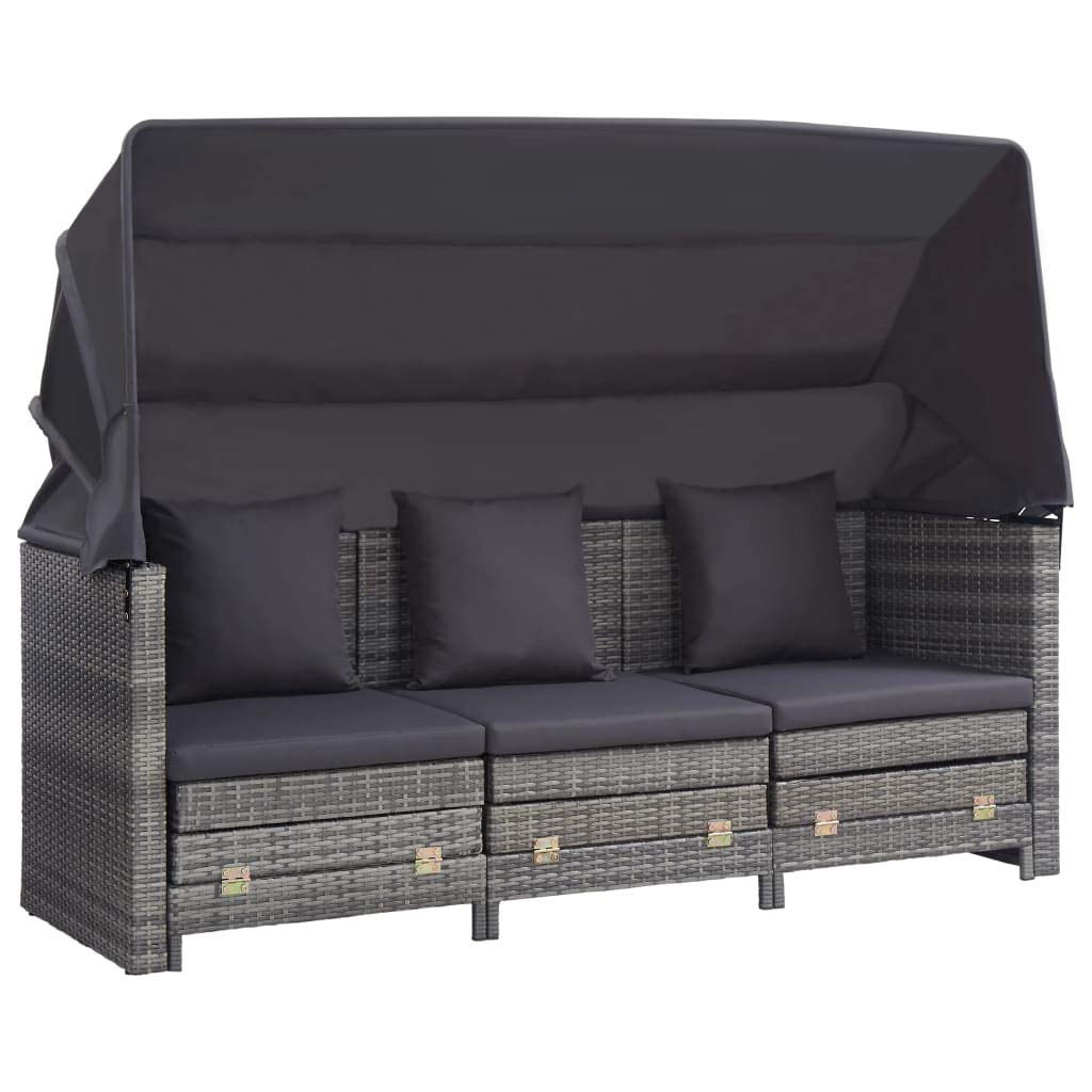 FAMIROSA Extendable 3-Seater Sofa Bed with Roof Poly Rattan Gray