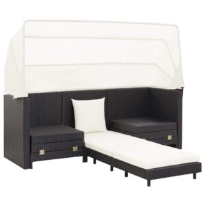 FAMIROSA Extendable 3-Seater Sofa Bed with Roof Poly Rattan Black