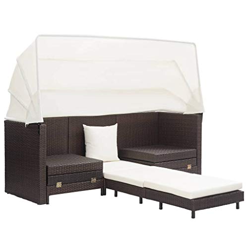 FAMIROSA Extendable 3-Seater Sofa Bed with Roof Poly Rattan Brown