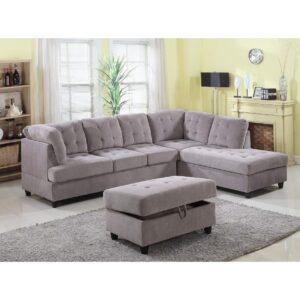 golden coast furniture brown corduroy fabric upholstered 3-piece sectional sofa with ottoman storage grey