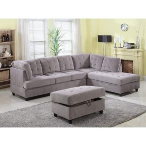 Golden Coast Furniture Brown Corduroy Fabric Upholstered 3-Piece Sectional Sofa with Ottoman Storage Grey