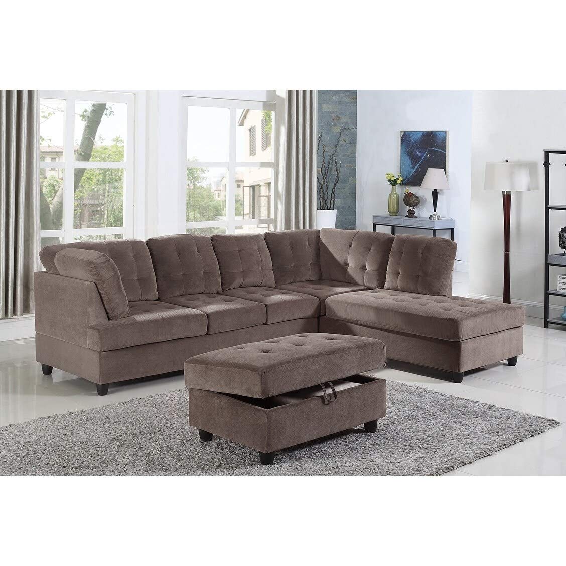 Golden Coast Furniture Brown Corduroy Fabric Upholstered 3-Piece Sectional Sofa with Ottoman Storage Grey