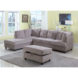 Golden Coast Furniture Brown Corduroy Fabric Upholstered 3-Piece Sectional Sofa with Ottoman Storage Grey