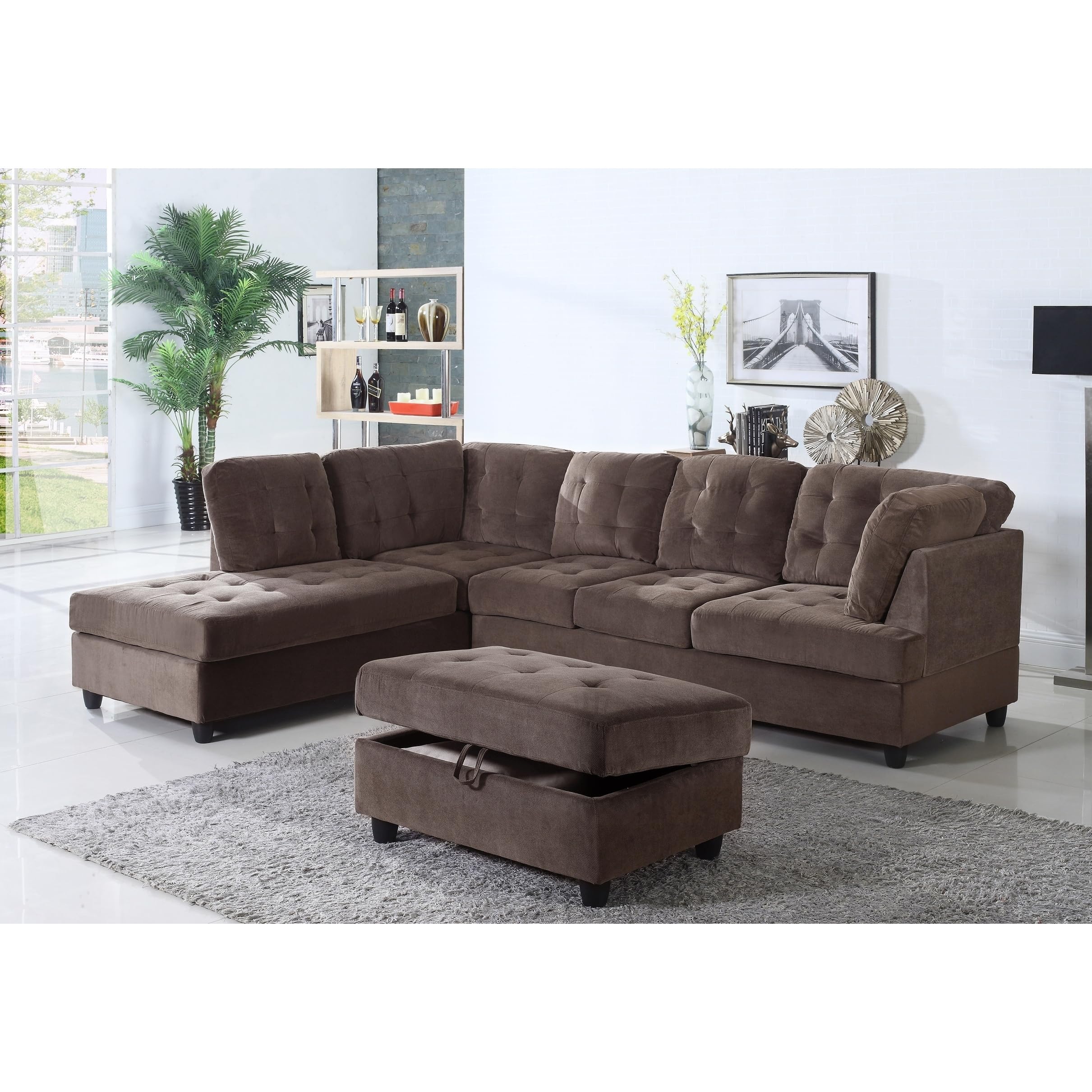 Golden Coast Furniture Brown Corduroy Fabric Upholstered 3-Piece Sectional Sofa with Ottoman Storage Grey