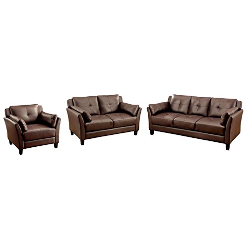 Furniture of America Tonia Contemporary 3-Piece Faux Leather Sofa Set in Brown