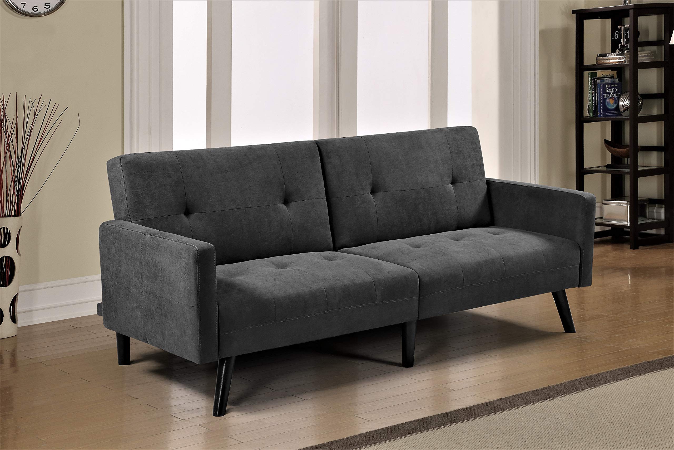 US Pride Furniture Velvet Square Arm Sofa Bed Sofabed, Dark Grey