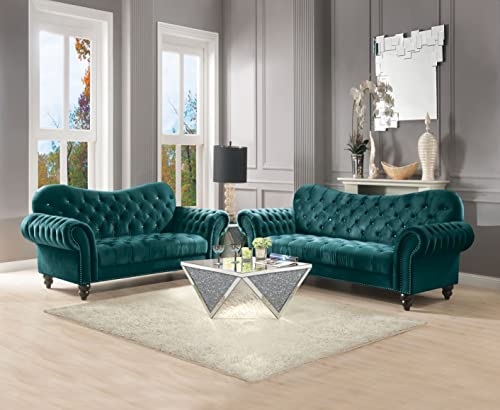 ICE ARMOR 2Pc Living Room Set Loveseat in Green Velvet Sofas