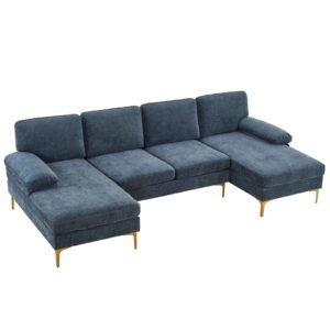 beixuan u shaped sofa couch with ottoman，sectional couches for living room，4-seat sofa bed，chenille，grey-blue color