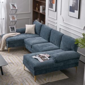 BeiXuan U Shaped Sofa Couch with Ottoman，Sectional Couches for Living Room，4-Seat Sofa Bed，Chenille，Grey-Blue Color