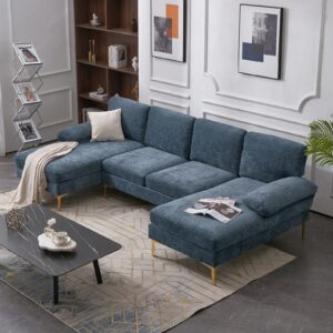 BeiXuan U Shaped Sofa Couch with Ottoman，Sectional Couches for Living Room，4-Seat Sofa Bed，Chenille，Grey-Blue Color