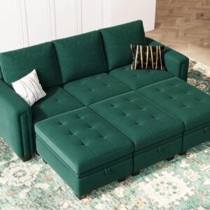 Belffin Green Velvet L-Shape Modular Convertible Sofa Bed with Storage, 83.4x62.2x35.8 inches, 6 Pieces, Medium Firmness