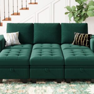 Belffin Green Velvet L-Shape Modular Convertible Sofa Bed with Storage, 83.4x62.2x35.8 inches, 6 Pieces, Medium Firmness