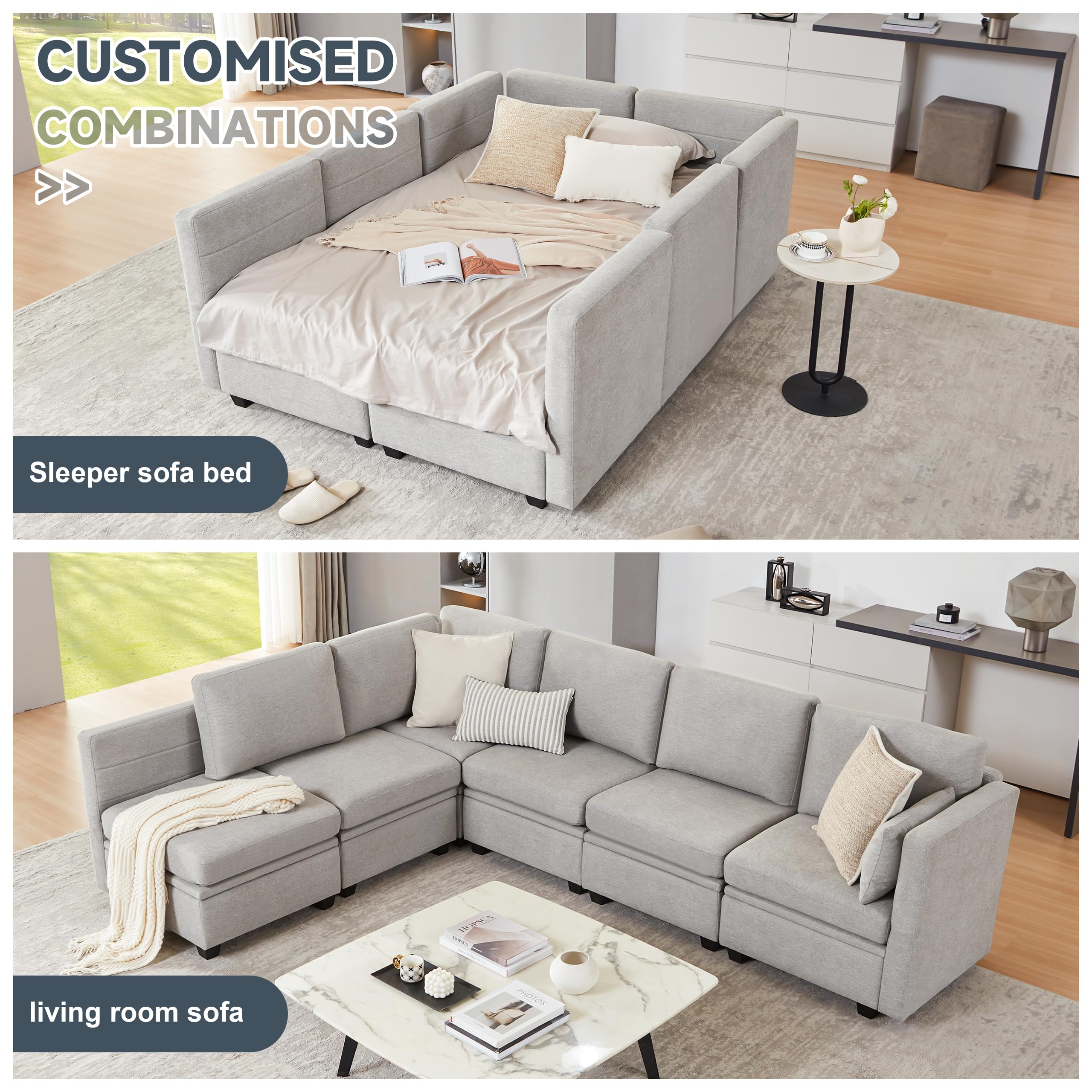 WETRUE Modular Sectional Sofa, Convertible U Shaped Sofa Couch with Storage, High Supportive & Soft Sponges, 6 Seat Modular Sectionals Sofa Couch with Chaise for Living Room, Grey