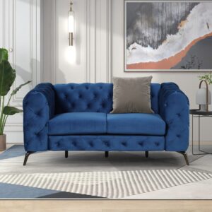 merax velvet upholstered loveseat sofa, modern 2-person couch with button tufted back for living room, bedroom, or small space, blue