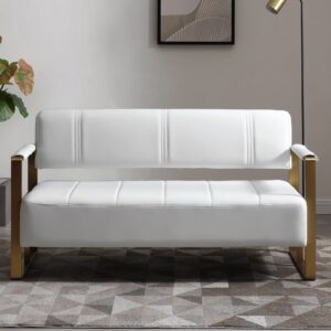 Etsaleruo Luxury Faux Leather Loveseat Sofa, Simple 2-Seat Sofa with Golden Metal Frame, Modern Upholstered Sofa Couch for Small Place, Apartment, Living Room, Bedroom and Office(White)