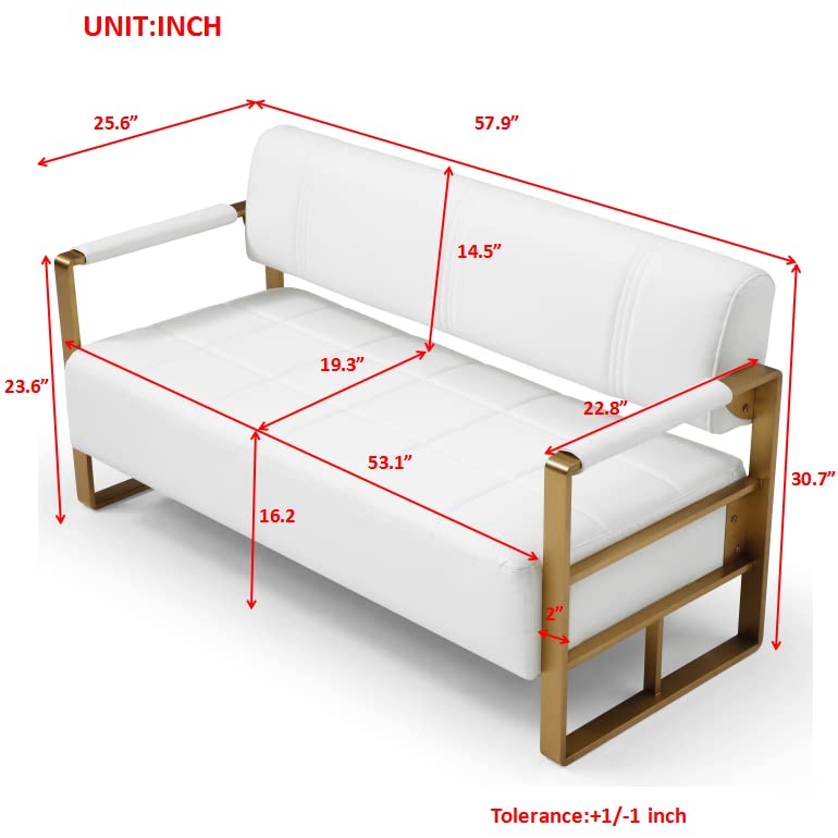 Etsaleruo Luxury Faux Leather Loveseat Sofa, Simple 2-Seat Sofa with Golden Metal Frame, Modern Upholstered Sofa Couch for Small Place, Apartment, Living Room, Bedroom and Office(White)