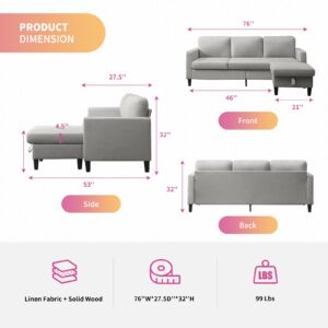 Mixoy 78'' Convertible Sectional Sofa with Storage Ottoman, Small Linen Fabric Sectional Sofa with Movable Ottoman, Modern Free Combination L Shaped Couch (Light Grey)